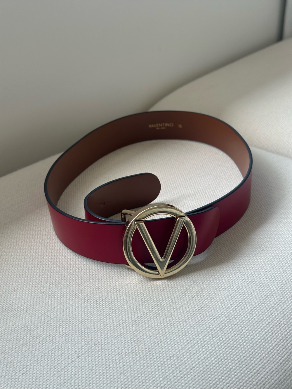 Valentino lipstick red leather belt with gold V buckle